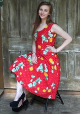 Vintage 80s 50s Red Polka Dot Yellow Green ROSE Retro Full Sun Midi Boho Dress M