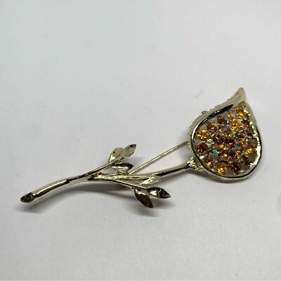 Vintage BSK Flower Gold Tone With Amber topaz and AB Rhinestones brooch