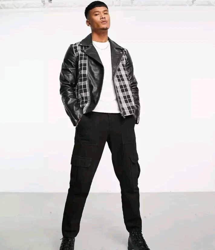 Bolongaro Trevor Kellan check biker LEATHER jacket. Asos & ZARA Man Fit Size M - Image 3 of 4