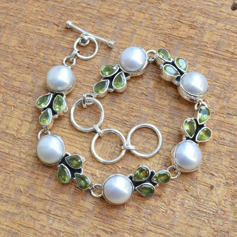 Natural Peridot & Freshwater Pearl 925 Silver Adjustable Bracelet – Gift Idea - Image 3 of 4