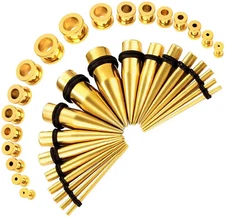 28PCS Ear Taper Plug Stretching Kit 12G-00G 316L Steel Ear Gauges-Earskins-Gold 