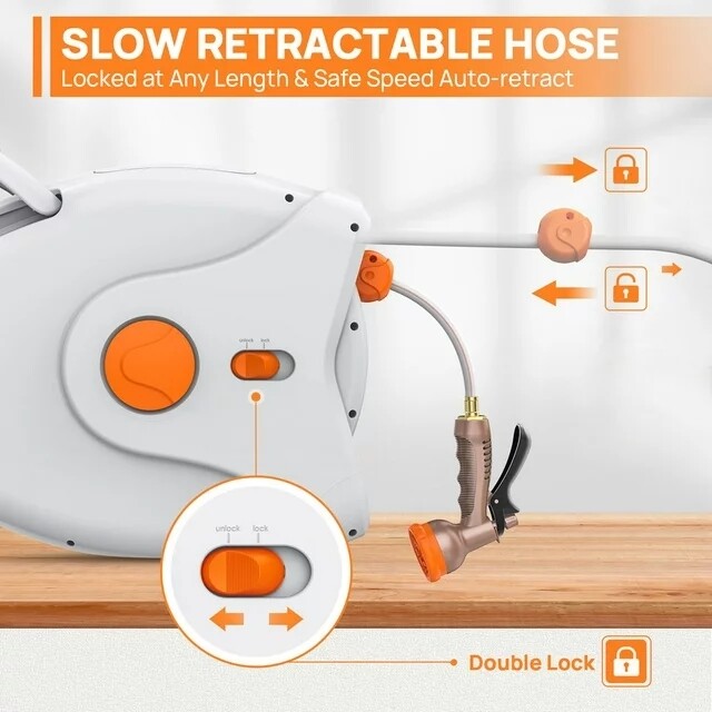 TACKLIFE Retractable Garden Hose Reel 1/2" X 100+6.7FT Wall Mounted