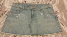 Jordache Mini Jean Skirt Size 7/8 Blue Embellished Raw Hem Zipper Pockets  Y2k