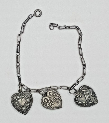 Antique Sterling Silver Engraved 3 Puffy Heart Charm Bracelet 7” engraved