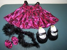 BUILD A BEAR DRK PINK SATIN BLACK FLOWER LACE DRESS FEATHER BOA BOW SHOES OUTFIT