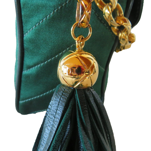 Chanel Crossbody Shoulder Bag Quilted Green Satin Leather Tassel Gold Vintage - Picture 7 of 24