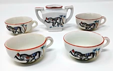 Set of Four Miniature Ceramic Tea Cups & Sugar Bowl Elephant w/ Flag & Palm Tree