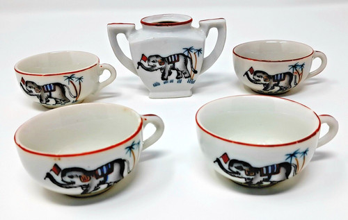 Set of Four Miniature Ceramic Tea Cups & Sugar Bowl Elephant w/ Flag & Palm Tree