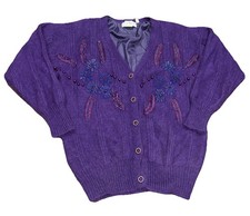 Vintage soft mohair blend Cardigan Sweater Lined Womens L purple beading floral