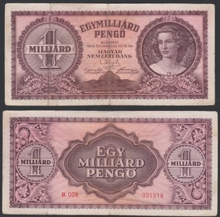 Hungary 1 billion pengo 1946 Lendvay Lucia Szekesfehervar P125 Block R008 aF