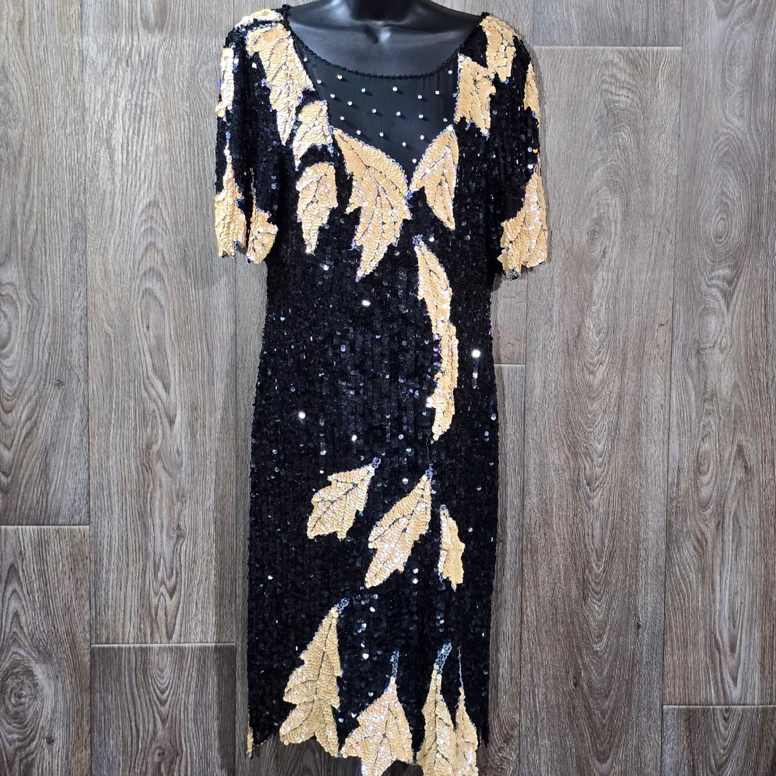 LILLIE RUBIN Vintage Sequin Dress Black Gold Leaf Sheath Cocktail 80s Glam