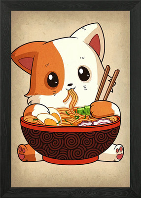 Cute Cat Eating Ramen Illustration Framed Wall Art Poster Canvas Print Picture