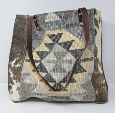  Myra Tote Bag Unique Key Upcycled Canvas Leather Purse