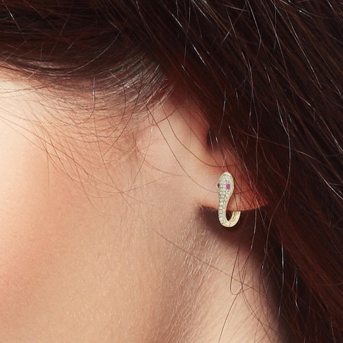 Diamond And Ruby Snake Hoop Earrings For Women 18k Yellow Gold Fine Jewelry - Picture 2 of 6