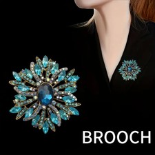 Fashion Blue Flower Gold-plated Large Brooch Pin Rhinestone Crystal Accessories