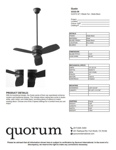 GUSTO 32" 3-Blade Ceiling Fan MATTE BLACK NEW Quorum 32323-59 - Picture 4 of 4