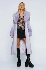 NWT NASTY GAL COLLECTION $333 LILAC PLUSH FUR TRIM BELTED FAUX LEATHER COAT SZ 6