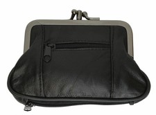 Genuine Leather Womens Metal Frame Coin Change Purse 5" x 3 3/16" New Black
