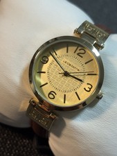 Liz Claiborne Women s Gold Tone Quartz Watch Brown Leather Band,New Battery