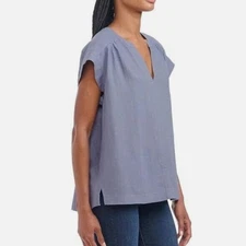 💙 Splendid Oversized Blue Linen Top • V-Neck • Gathered Shoulders • Small
