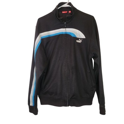 Puma Mens Full Zip Track Jacket Black Blue White Stripe Mock Neck Large