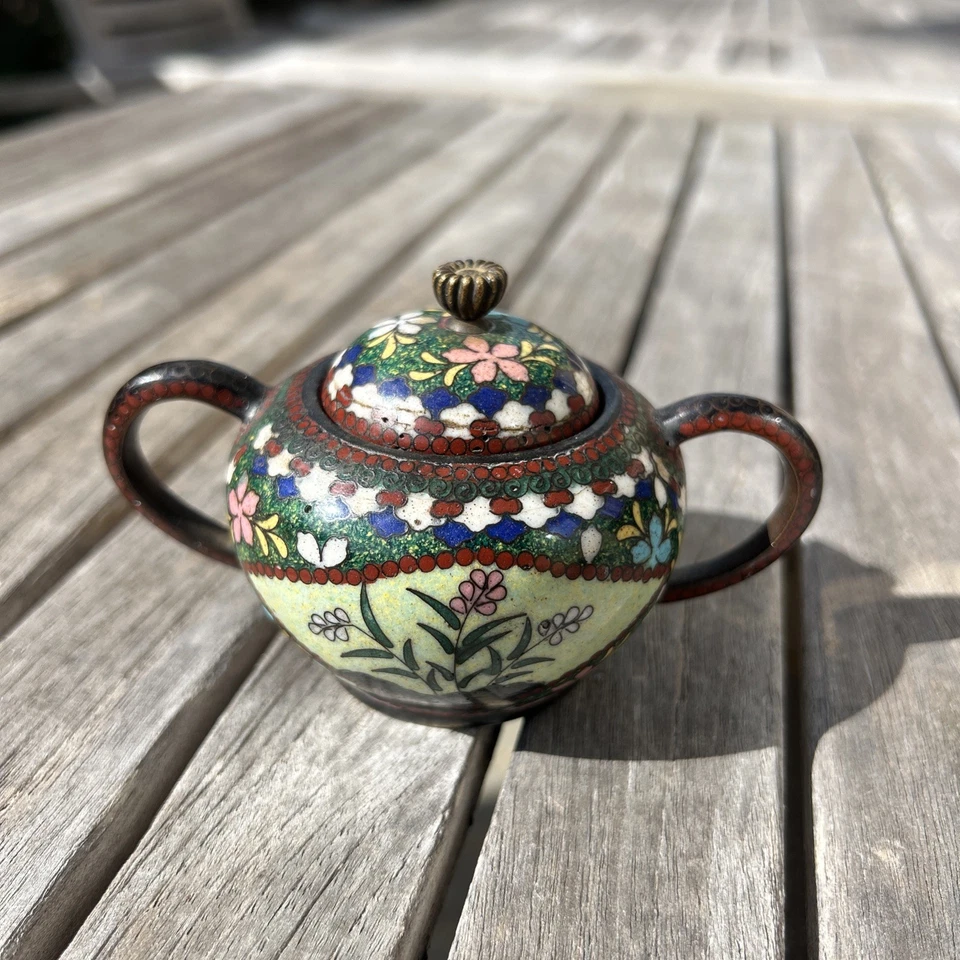 "Antigua tetera japonesa del período Cloisonne Meiji de 3""" Foto 2 de 4