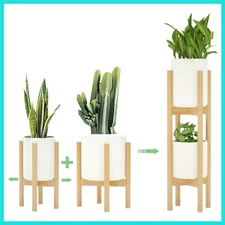 Easy Assembly Bamboo Plant Stand Set - 2 Tier, Adjustable Width (8-12 inch)