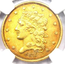 1834 Classic Gold Half Eagle $5 Coin. Certified NGC Uncirculated Detail (UNC MS)