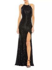 NWT $398 IEENA FOR MAC DUGGAL BLACK SEQUIN HIGH NECK RHINESTONE COLUMN GOWN SZ 0