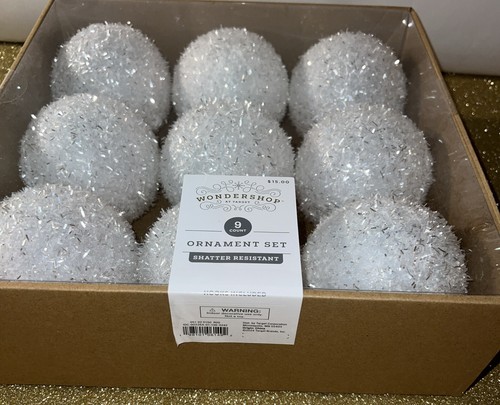 9pc White Silver Tinsel Ball Christmas Tree Ornament Set -Wondershop 3.9”Sphere - Picture 7 of 7