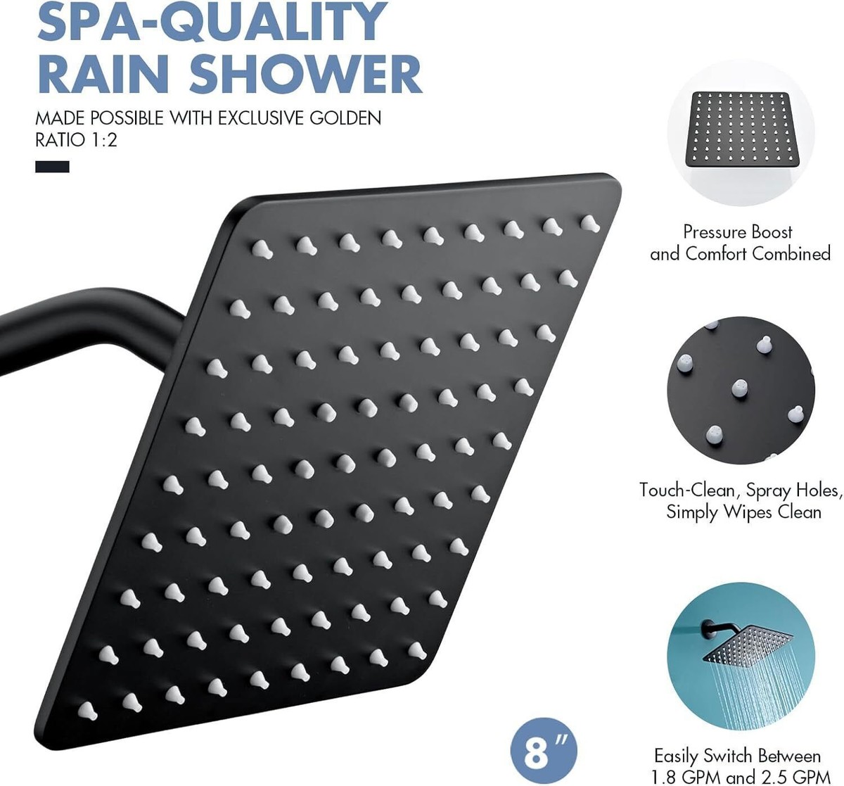 Ackwave Shower System Matte Black – 8-Inch Rainfall Shower Head With Handheld Spray, Brass Valve And Trim Kit, Pressure-Balanced Anti-Scald, Air Injection Tech