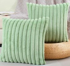 Pair Mint / Sage Green Faux Fur Plush Stripe Pillow Covers  18x18 , 20x20