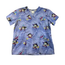 Betty Boop Scrub Top Womens Blue Medium SS Silver Screen Queen Film