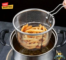 1 pc Stainless Steel Deep Frying Basket Fine Mesh Strainer with Handle & Hook