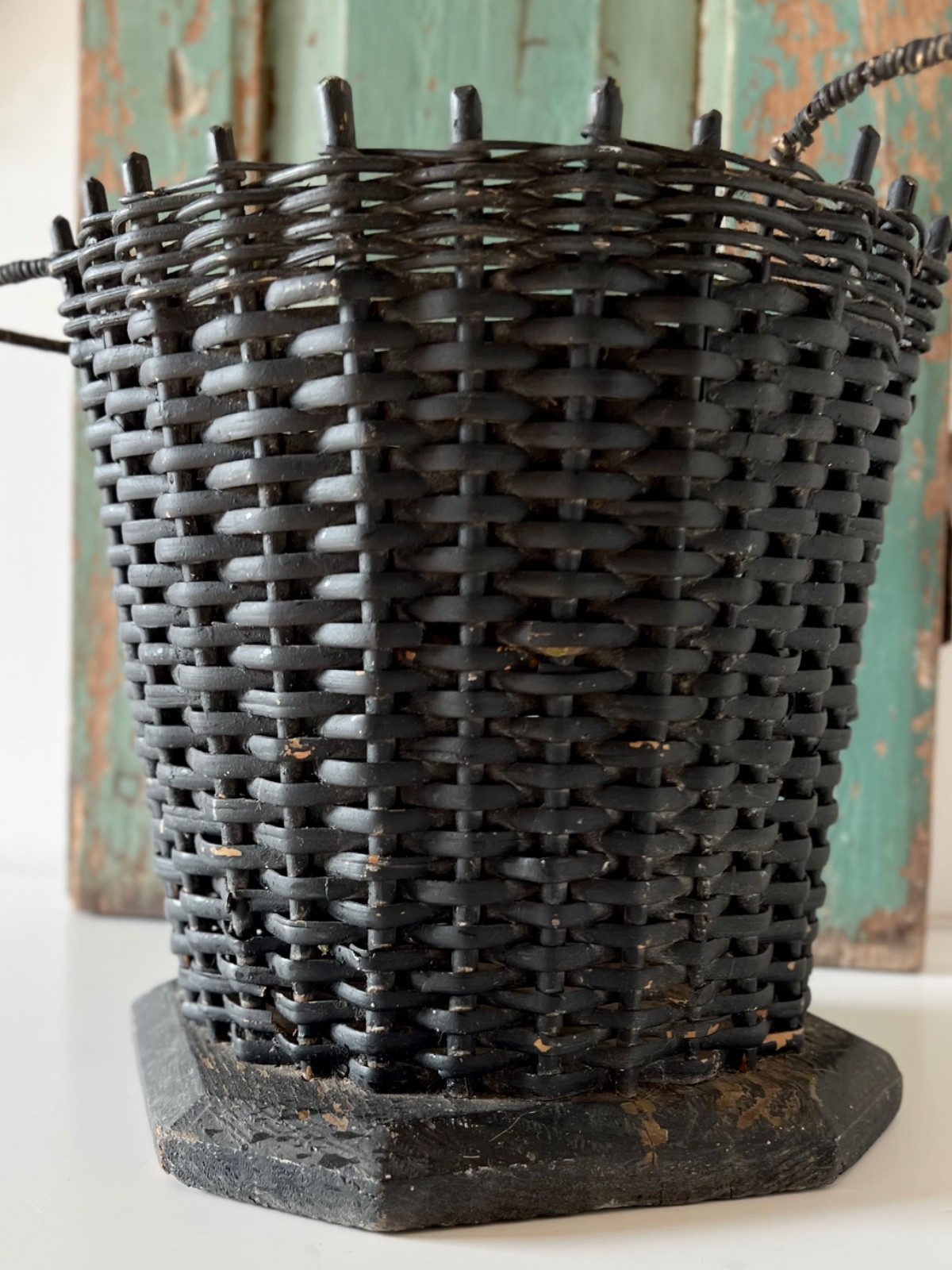 Antique Funeral Flower Basket Black Painted Wicker Woven Mourning Display