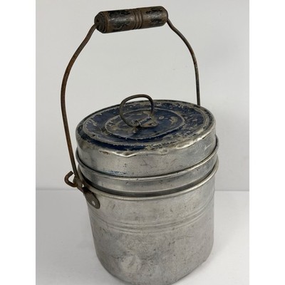 Vintage Aluminum Two Tier Stackable Lunch Pail Wood Handle Blue Lid Primitive