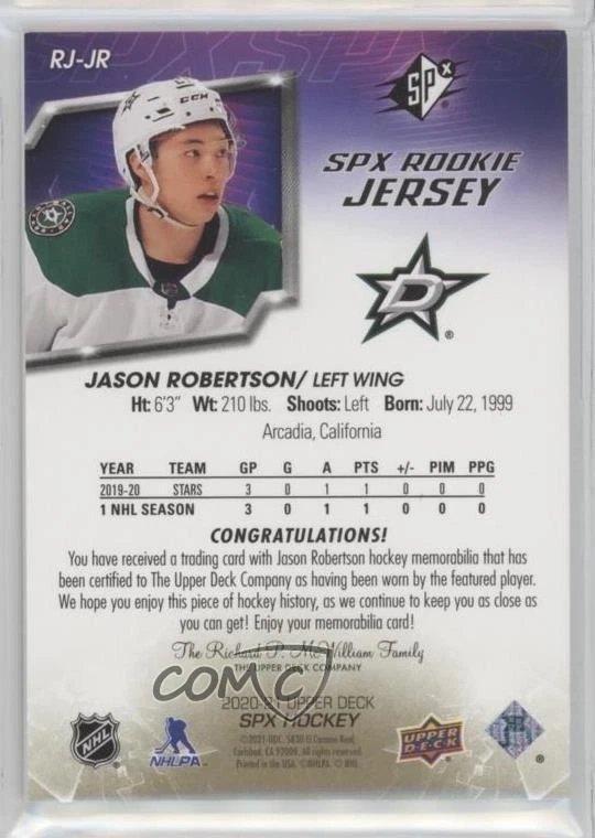 2020-21 SPx Rookie Jersey Gold Spectrum /99 Jason Robertson #RJ-JR RC - Image 2 of 2