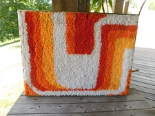 Groovy 1970s Abstract Latch Hook Rug Wall Hanging Gold Metal Frame