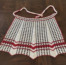 Vintage Hand Crocheted Half Apron Ivory With Red Accents Chevron Design
