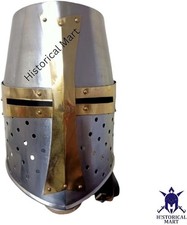 Medieval Crusader Great Helm with Brass Cross Templar Knight Helmet 18 Gauge