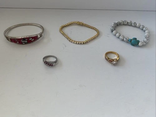 Lot Of 5 Vintage Costume Jewelry (3 Bracelets And 2 Rings; 1 Ring Branded)