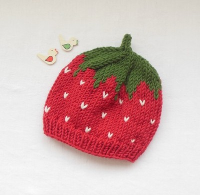 handgestrickte Erdbeermütze KU 35/36 Merinowolle, Babymütze Pixiemütze