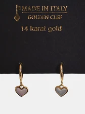 🆕️GOLDEN CLEF 14K Yellow Gold & Mother of Pearl HEART CHARM Dangle Huggie