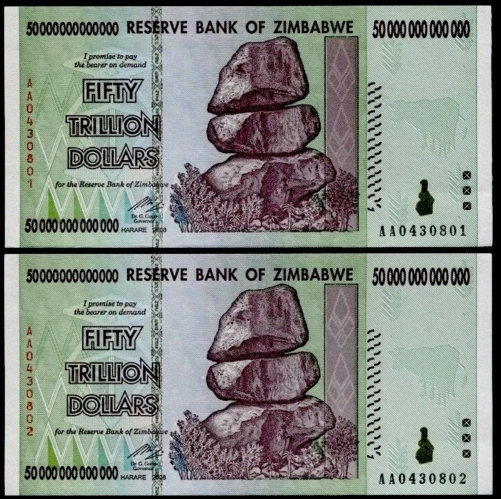 5 x 2008 50 TRILLION DOLLARS ZIMBABWE BANKNOTE, AA P-90 GEM UNC - Image 2 of 4