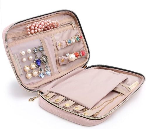 Travel Jewelry Organizer PINK Bag Case Foldable Rings Earrings Necklaces Holder - 第 1/6 張圖片