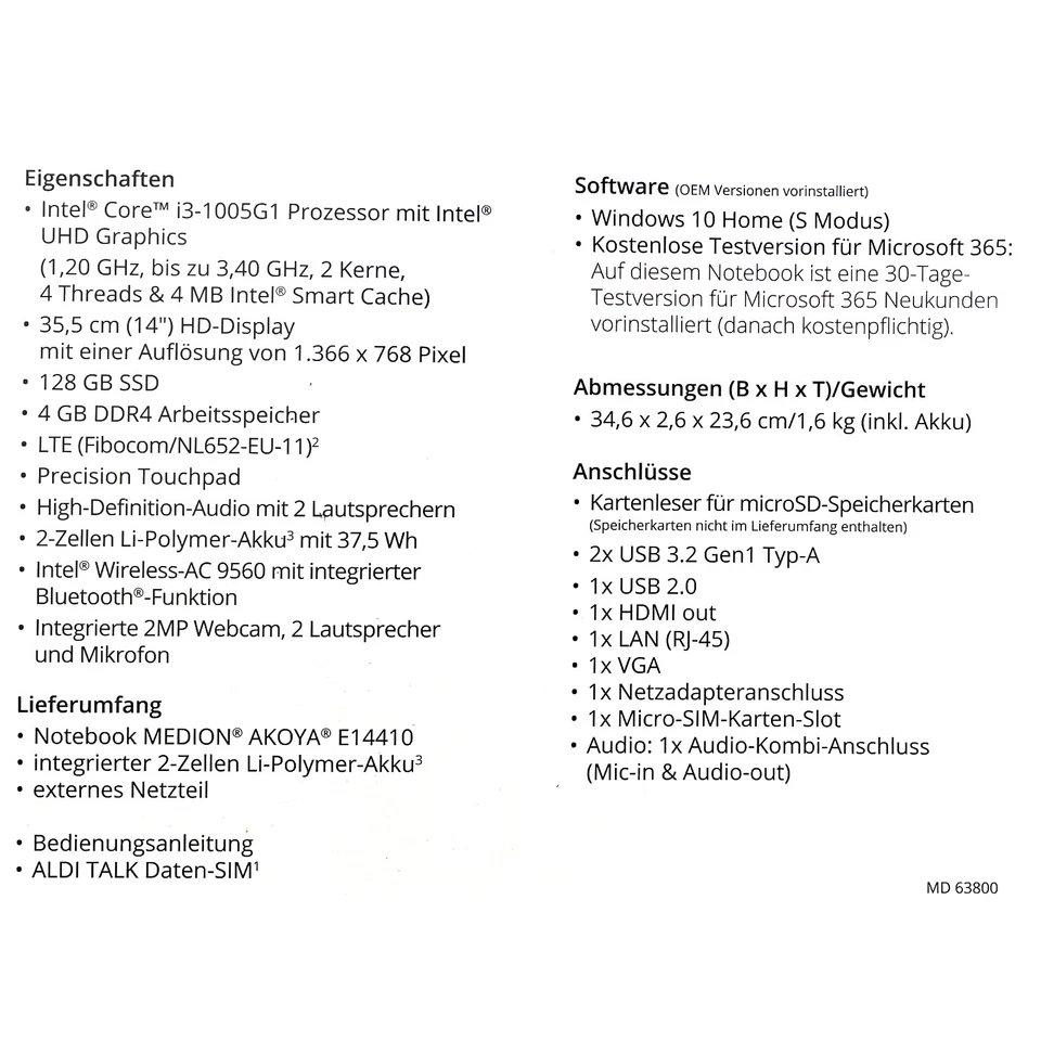 Medion Akoya E14410 Intel Core i3 Win 10 128 GB SSD 14 Zoll 4 GB DDR4 MD63800 - Bild 3 von 3
