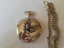 C24 Oak Leaves  polished silver case mens GIFT quartz pocket watch fob