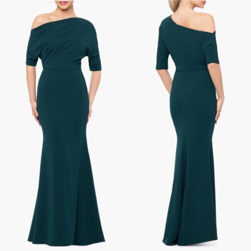NEW BETSY & ADAM Pine ONE SHOULDER Draped Stretchy CREPE Scuba TRUMPET GOWN 16W