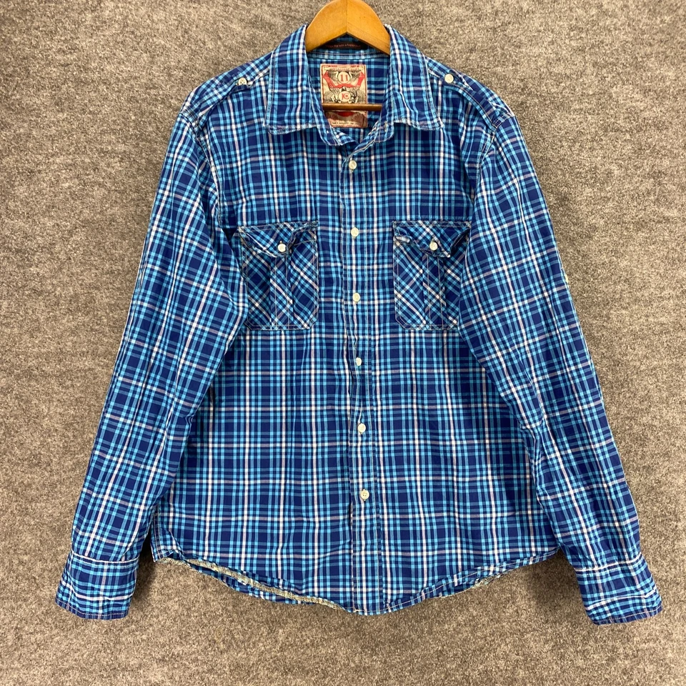 Just A Cheap Shirt Men 2XL Blue Plaid Button Up Collared Long Sleeve Pockets - Image 4 of 4