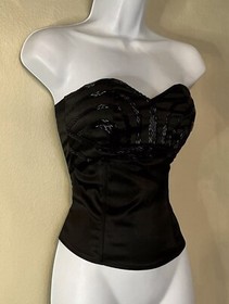 Vintage AUBADE Paris Bridal Rare Black Satin Beaded Bustier Sweetheart Neck XXS